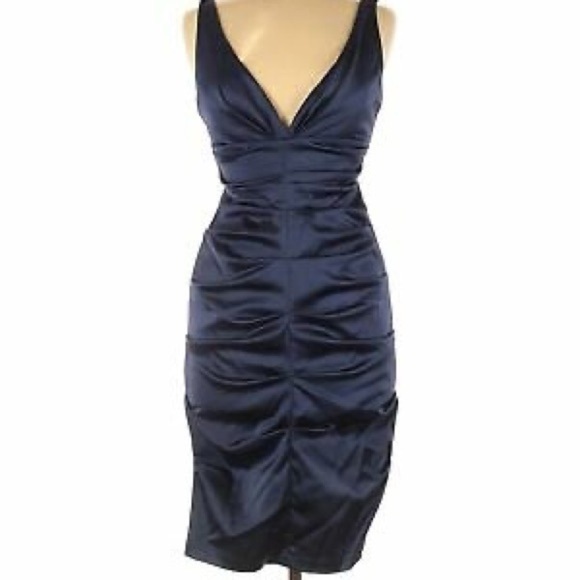 NWT Xscape Elegant holiday party dress Navy Blue silky satin christmas event - Picture 2 of 9
